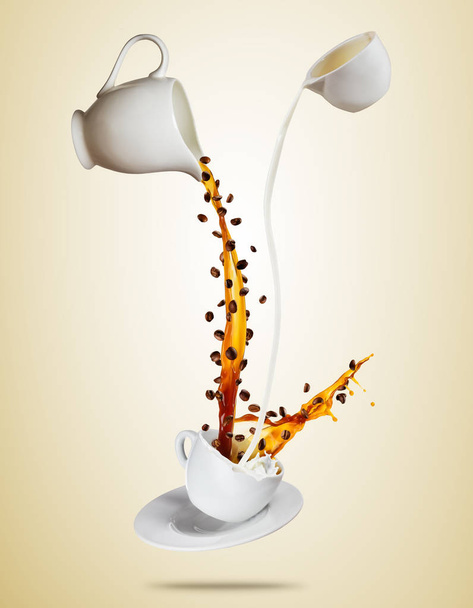 Porcelaine white cup with splashing coffee and milk liquid separated on brown background. - Fotografie, Obrázek