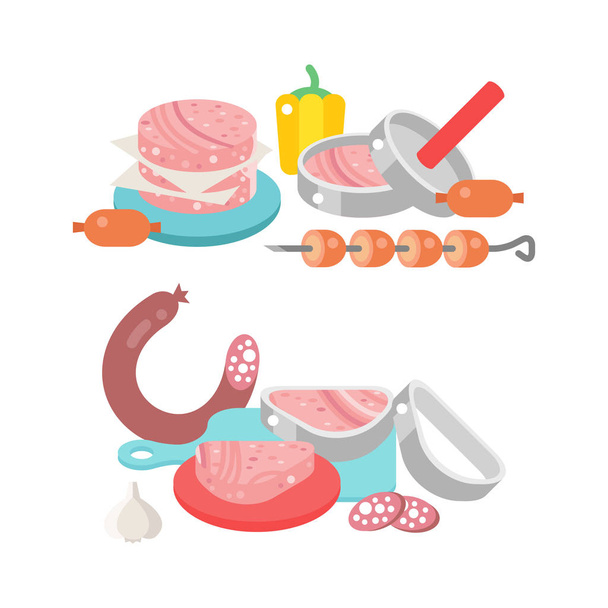 Meat products ingredient and rustic elements preparation equipment food flat vector illustration. - Vector, Image