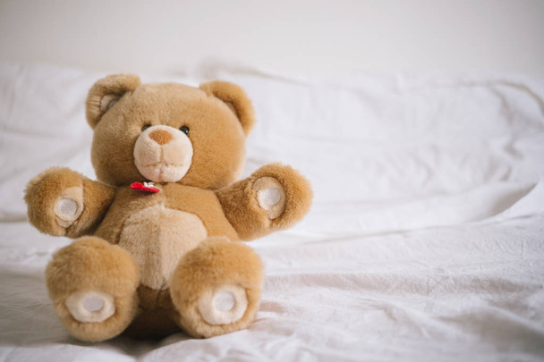 Cozy and soft teddy bear lying on the bed - Фото, изображение