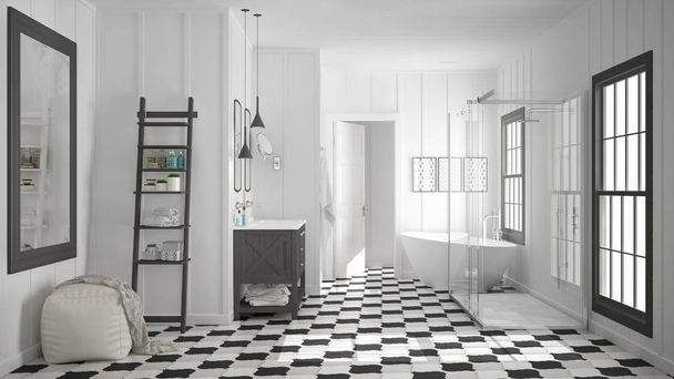 Escandinávia minimalista branco e cinza banheiro, chuveiro, banheira
 - Foto, Imagem