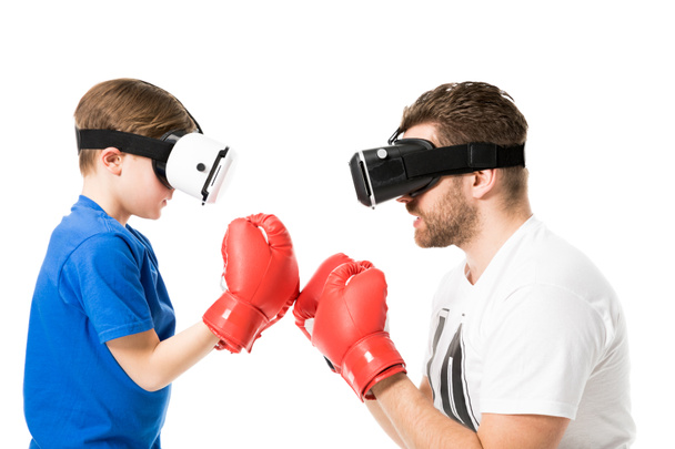 father and son in virtual reality headsets - Photo, Image