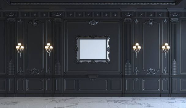 Zwarte wandpanelen in klassieke stijl met silvering. 3D-rendering - Foto, afbeelding
