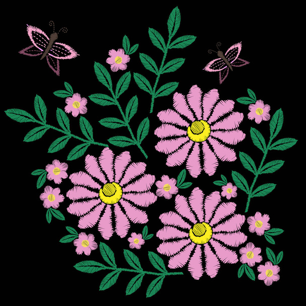 Flower and butterfly embroidery stitches imitation - Vector, Image