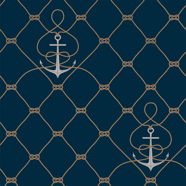 Nautische touw naadloze fishnet en ankers patroon - Vector, afbeelding