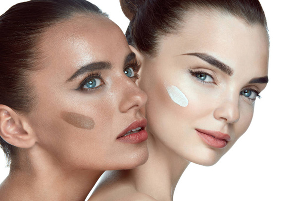 Facial Care. Beautiful Women With Foundation And Natural Makeup - Zdjęcie, obraz