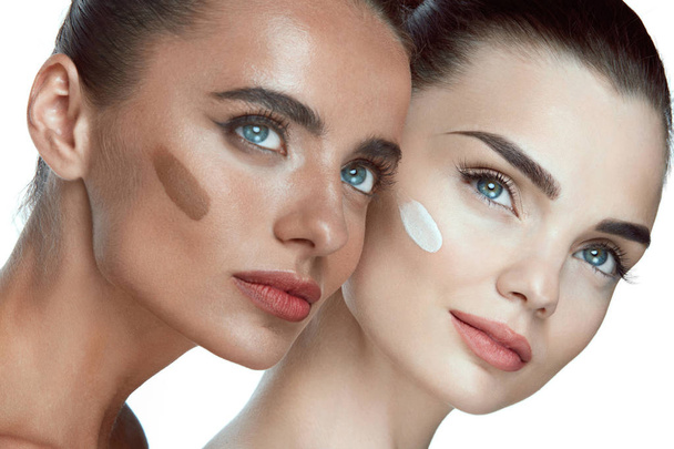 Beauty Faces. Beautiful Women With Makeup And Cream On Skin - Valokuva, kuva