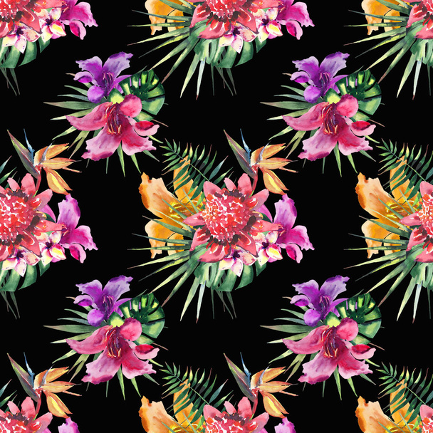 Όμορφο φωτεινό υπέροχο πολύχρωμο τροπικό μοτίβο floral φυτικά καλοκαίρι Χαβάη του τροπικού άνθη ιβίσκου ορχιδέες και παλάμες αφήνει μαύρο φόντο πλαισίου ακουαρέλα χέρι σκίτσο - Φωτογραφία, εικόνα