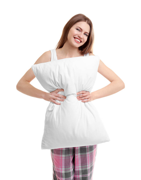 Young woman holding orthopedic pillow  - Foto, Imagem