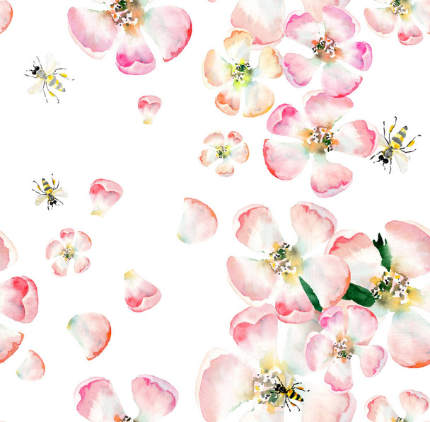 Hienostunut kaunis kaunis söpö ihana tarjouksen kasviperäisten kukka kevät kukkia omena vihreät lehdet ja mehiläiset kuvio akvarelli käsi kuva
 - Valokuva, kuva