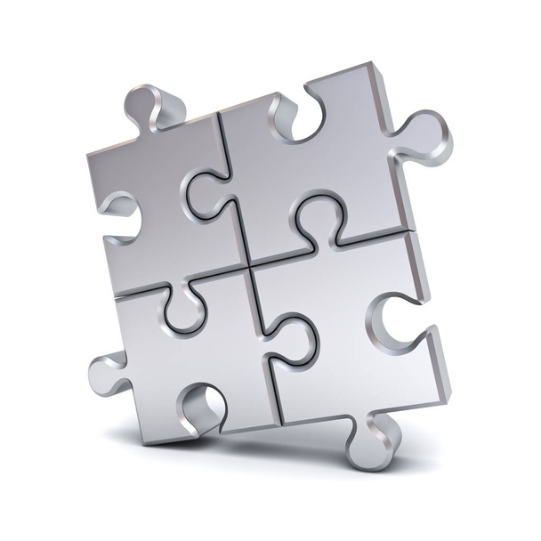 Metallisch chroom puzzelstukjes geïsoleerd op een witte achtergrond met schaduw. 3D render - Foto, afbeelding