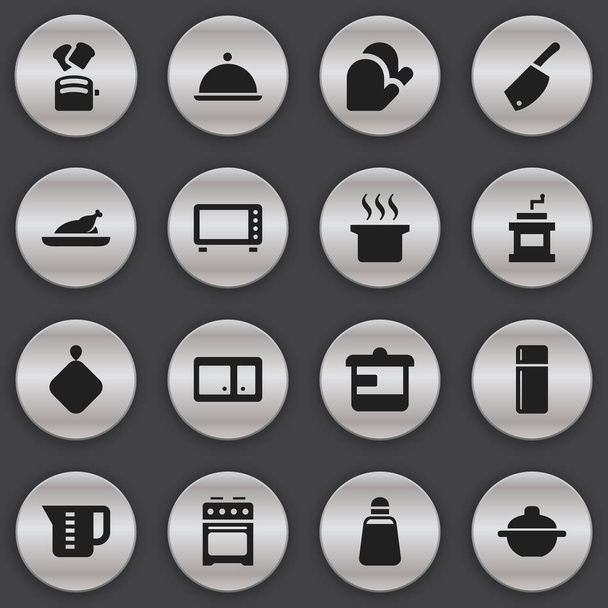 編集可能な食事の 16 のアイコンのセットです。ストーブ、食器戸棚、冷蔵庫などの記号が含まれます。ウェブ、モバイル、Ui とインフォ グラフィック デザインに使用することができます。. - ベクター画像