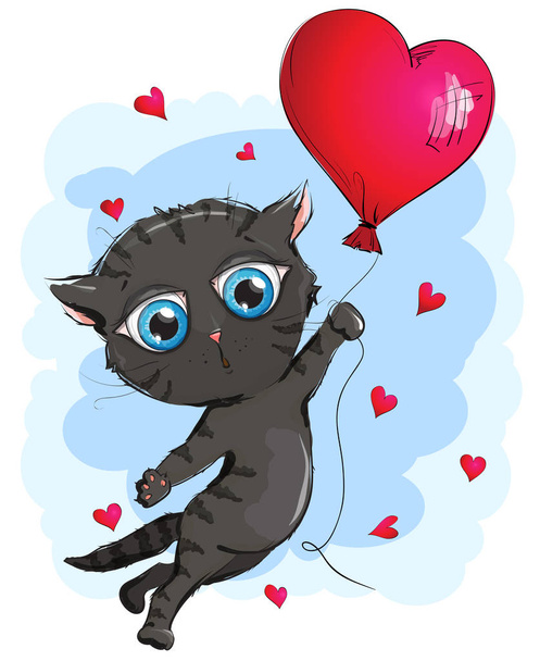 Black kitten is flying in a hot air balloon - ベクター画像