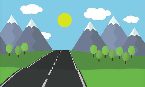 Cartoon platte ontwerp illustratie van de asfaltweg leidt landschap met gras en bomen in de bergen met sneeuw onder de blauwe hemel met wolken en zon - Vector, afbeelding