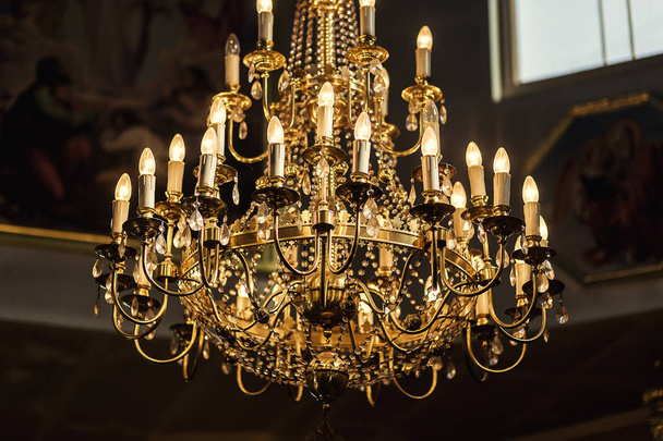 chandelier, dark interior with lamp, architectural monument, Vintage chandelier,luxury retro style on dark background - Photo, Image