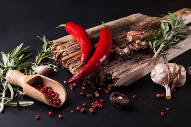 Food background. Ingredients with red chili pepper - Photo, Image