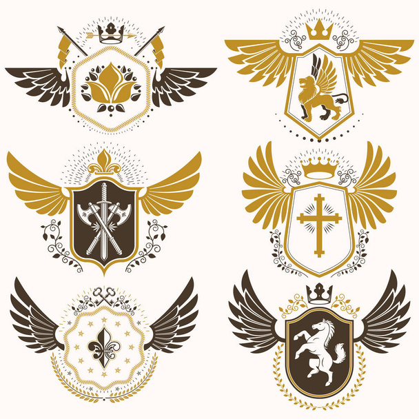 Vintage decorative heraldic emblems - Vektör, Görsel