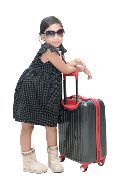cute girl traveler with suitcase isolated  - Fotografie, Obrázek