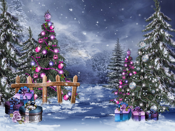 Winter forest with Christmas ornaments - Photo, Image