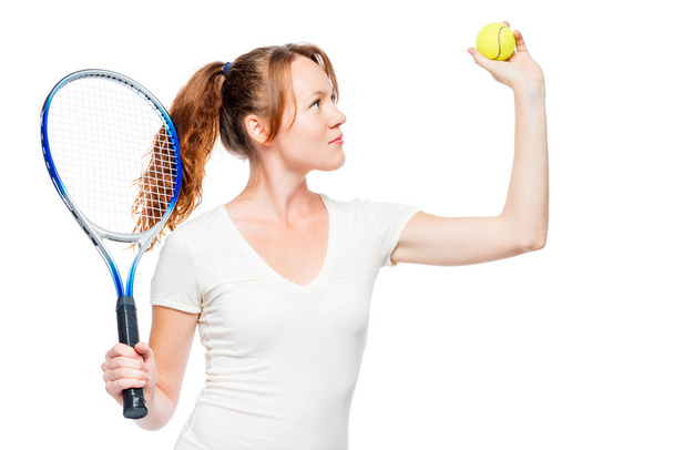 Mujer jugando al tenis sobre un fondo blanco aislado
 - Foto, Imagen