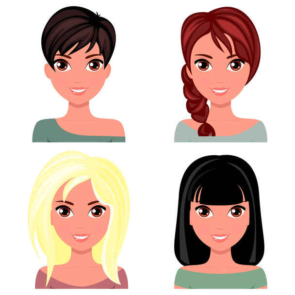 Woman beautiful face with different hairstyles. Cartoon beautiful girl in flat design style. Avatar business woman. Vector. - Вектор,изображение