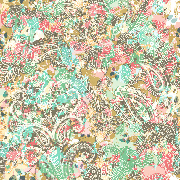 Fundo Paisley sem costura, padrão floral. Cenário ornamental colorido. Papel de parede cor com flores decorativas. Efeito do antigo afresco
 - Vetor, Imagem