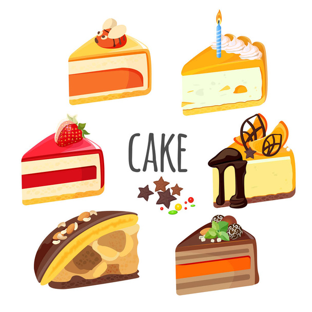 Set of cake pieces with fruits, white and black chocolate - Vector, afbeelding