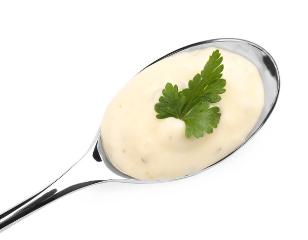  mayonnaise with parsley in spoon - Фото, зображення