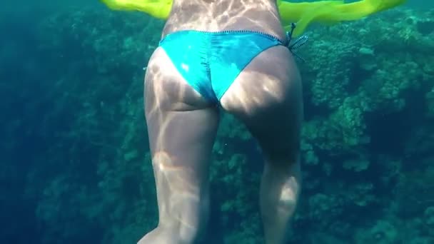 Mladá žena plave a udržuje žlutá utěrka v rukou přes korály v Slo-Mo - Záběry, video