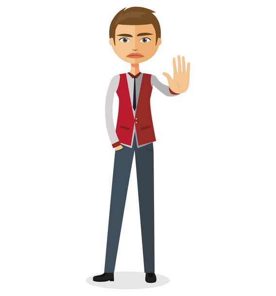 Business man showing stop gesture with hand vector flat cartoon illustration. - Vector, Image