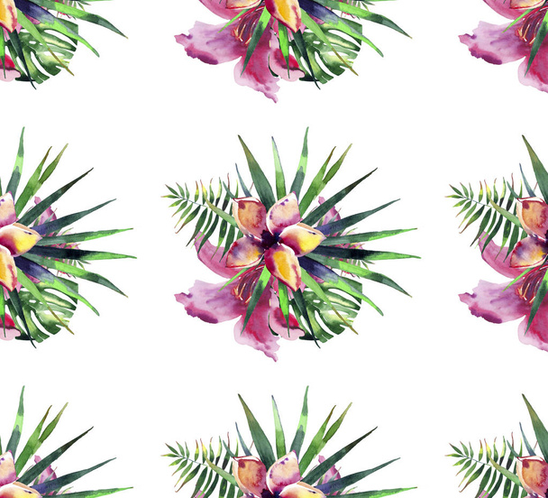 Krásné světlé krásné barevné tropické hawaii květinové bylinné Letní vzorek tropické květiny ibišek orchideje a dlaněmi listy akvarelu rukou skici - Fotografie, Obrázek