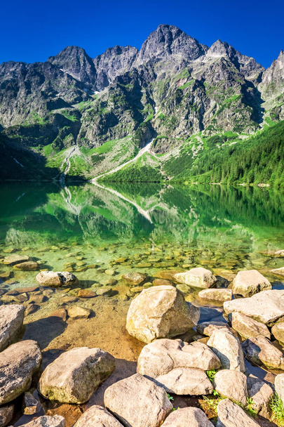 Lake in the mountains at sunrise in summer, Poland, Europe - Photo, Image