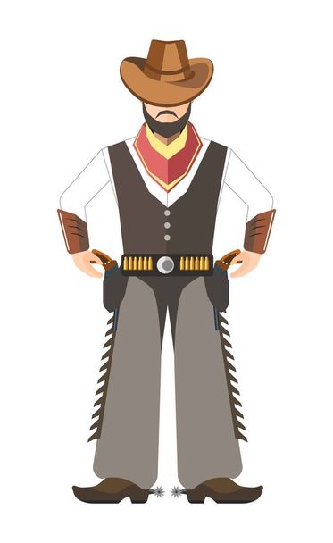 Bearded cowboy with hat holds for two pistols under belt - Vector, imagen