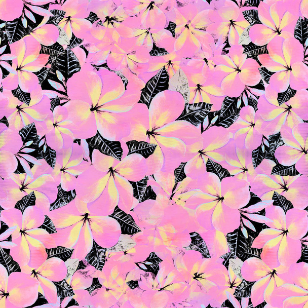 Blumen, Blätter und Knospen von plumeria.watercolor Hintergrund. abstrakte Tapete mit floralen Motiven. nahtloses Muster. Tapete.   - Foto, Bild