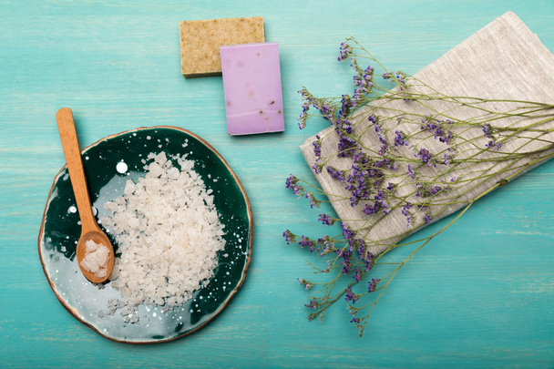 Homemade soap with dried lavender - Fotoğraf, Görsel