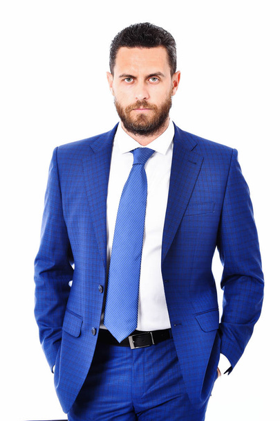man or businessman with serious face in blue jacket, tie - Fotó, kép
