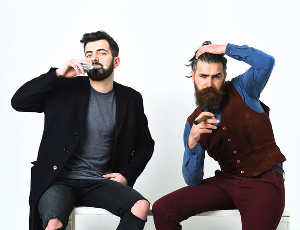 Two bearded mens, caucasian stylish hipsters with moustache - Fotografie, Obrázek