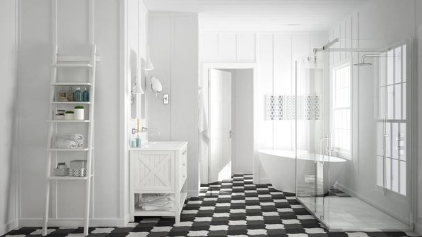 Скандинавські мінімалістський біло-сірою ванної, душ, ванна - Фото, зображення