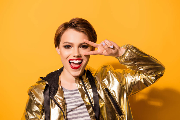 Playful excited fashion model with red lipstick, open mouth, ges - Φωτογραφία, εικόνα