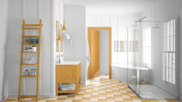 Скандинавські мінімалістський білі та оранжеві ванна, душ, batht - Фото, зображення