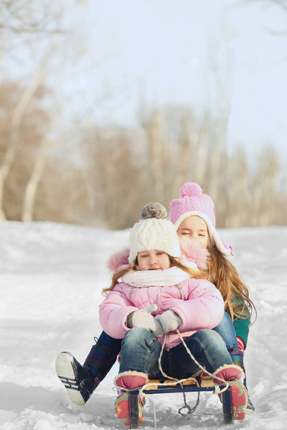 Happy children having fun and sledding on snow - Zdjęcie, obraz