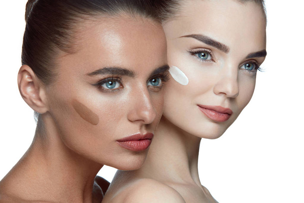 Facial Care. Beautiful Women Faces With Fresh Natural Makeup - Foto, Imagen