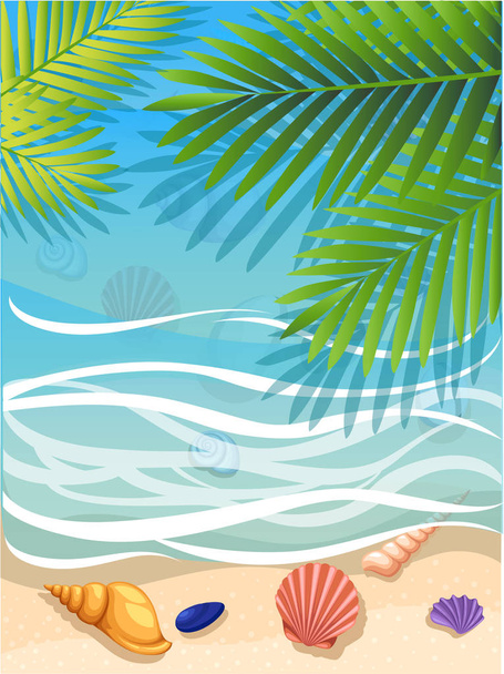 Vector a banner with an landscape beach. Top view of the island paradise.The tropical beach on the seashore for rest palm tree leaves tropics . Maritime hotel.beach towel. - Vetor, Imagem