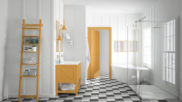 Escandinávia minimalista branco, cinza e laranja banheiro, chuveiro
, - Foto, Imagem