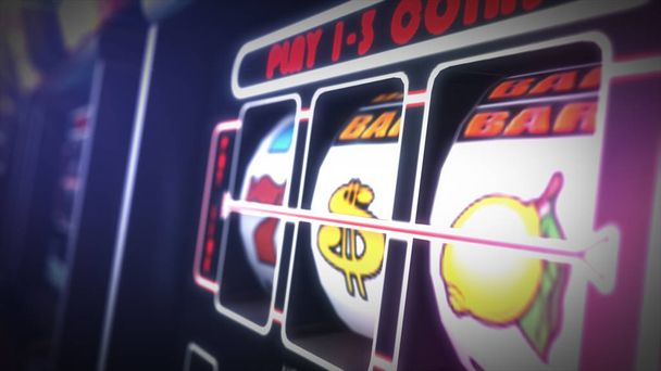 Casino Spielautomaten spielen Konzept 3D-Illustration. Nahaufnahme eines bewaffneten Banditen-Spielautomaten. - Foto, Bild
