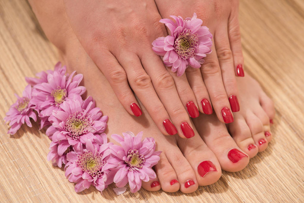 female feet and hands at spa salon - 写真・画像