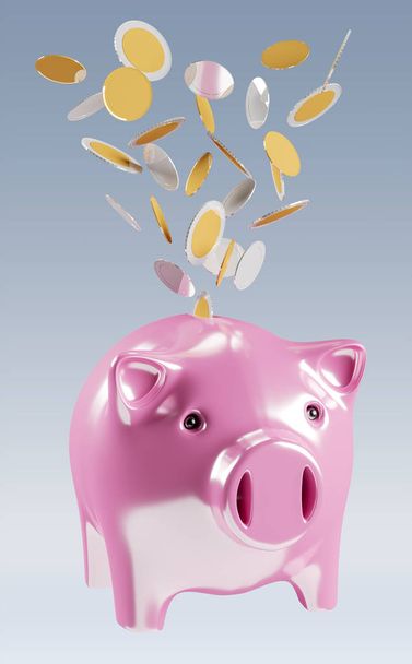 Piggy bank with flying coins going inside 3D rendering - Fotó, kép