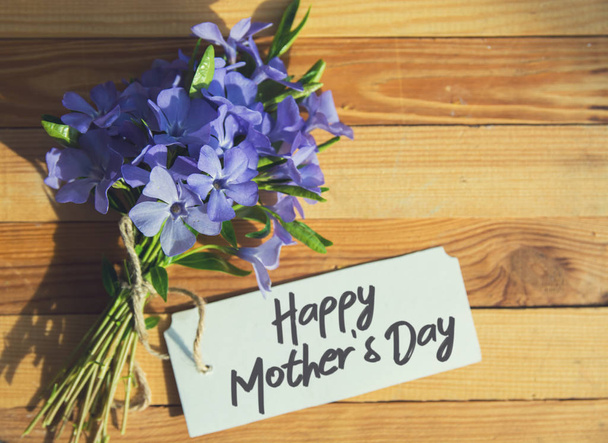 mutlu anneler günü kartı. Mavi çiçek, buket metin olan bir yer - Fotoğraf, Görsel