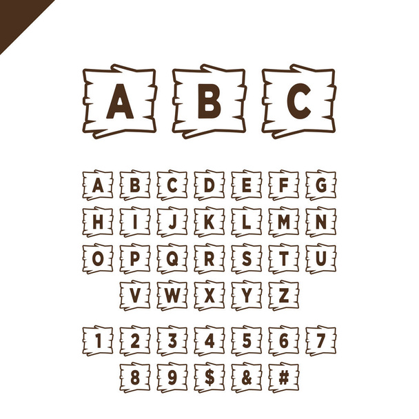 Ξύλινα μπλοκ αλφάβητο με γράμματα και αριθμούς σε ξύλο υφή περιοχή με περίγραμμα. ABC γραμματοσειρά για το σχέδιό σας κείμενο μήνυμα, τίτλος ή λογότυπα. Λευκό φόντο - Διάνυσμα, εικόνα