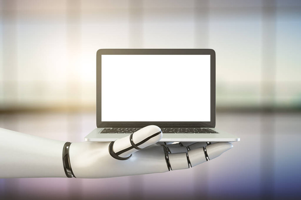 Side view of robot's hand holding white laptop with empty screen on blurry interior background. Mock up, 3D Rendering. Progress concept - Valokuva, kuva