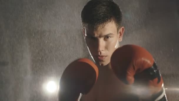 Portrait of boxer stands under water splashing on ring looking at camera. Slowly - Materiał filmowy, wideo